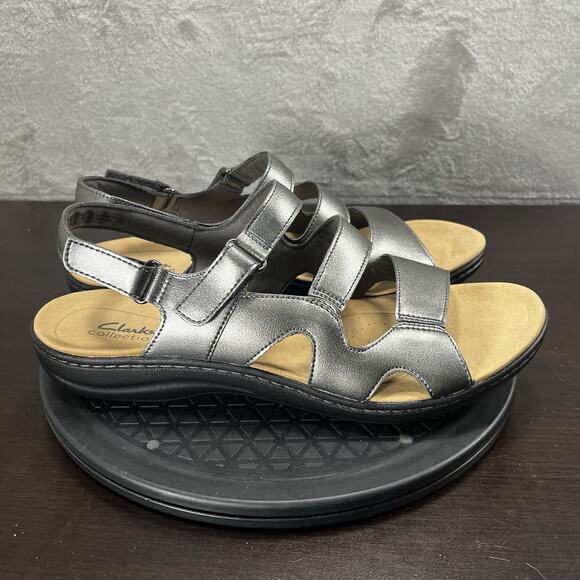 Clarks Womens Size 11 Wide Laurie Ann Metallic Silver Strap Comfort Sandals - Picture 1 of 10